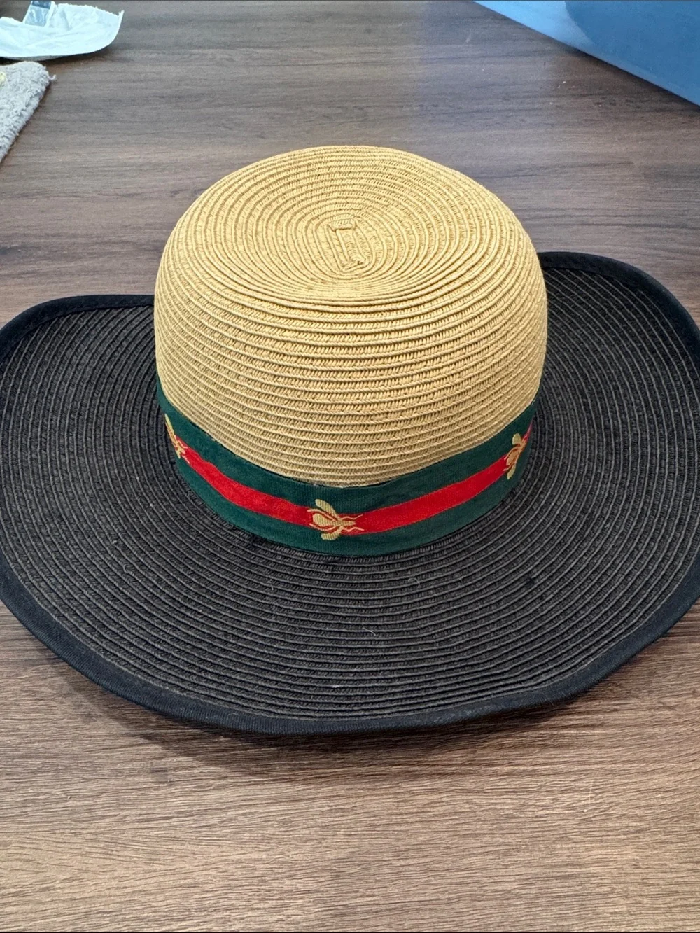 Wide Brim Straw Sun Hat with Black Brim and Tan Crown